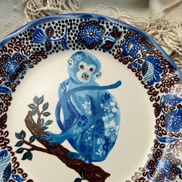 ANTHROPOLOGIE Nathalie Lete Blue Monkey Floral Collector 10" Dinner Plate Art - Picture 4 of 6